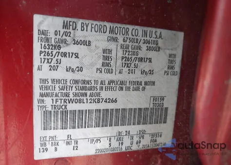 2002 Ford F-150 Lariat/Xlt из США, поврежденный, VIN 1FTRW08L12KB74266